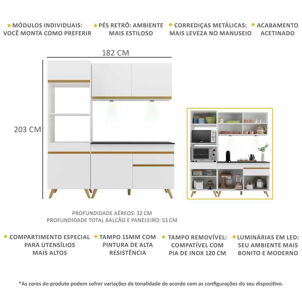 Cozinha Compacta 3 peças com Leds MP2019 Veneza Up Multimóveis Branca