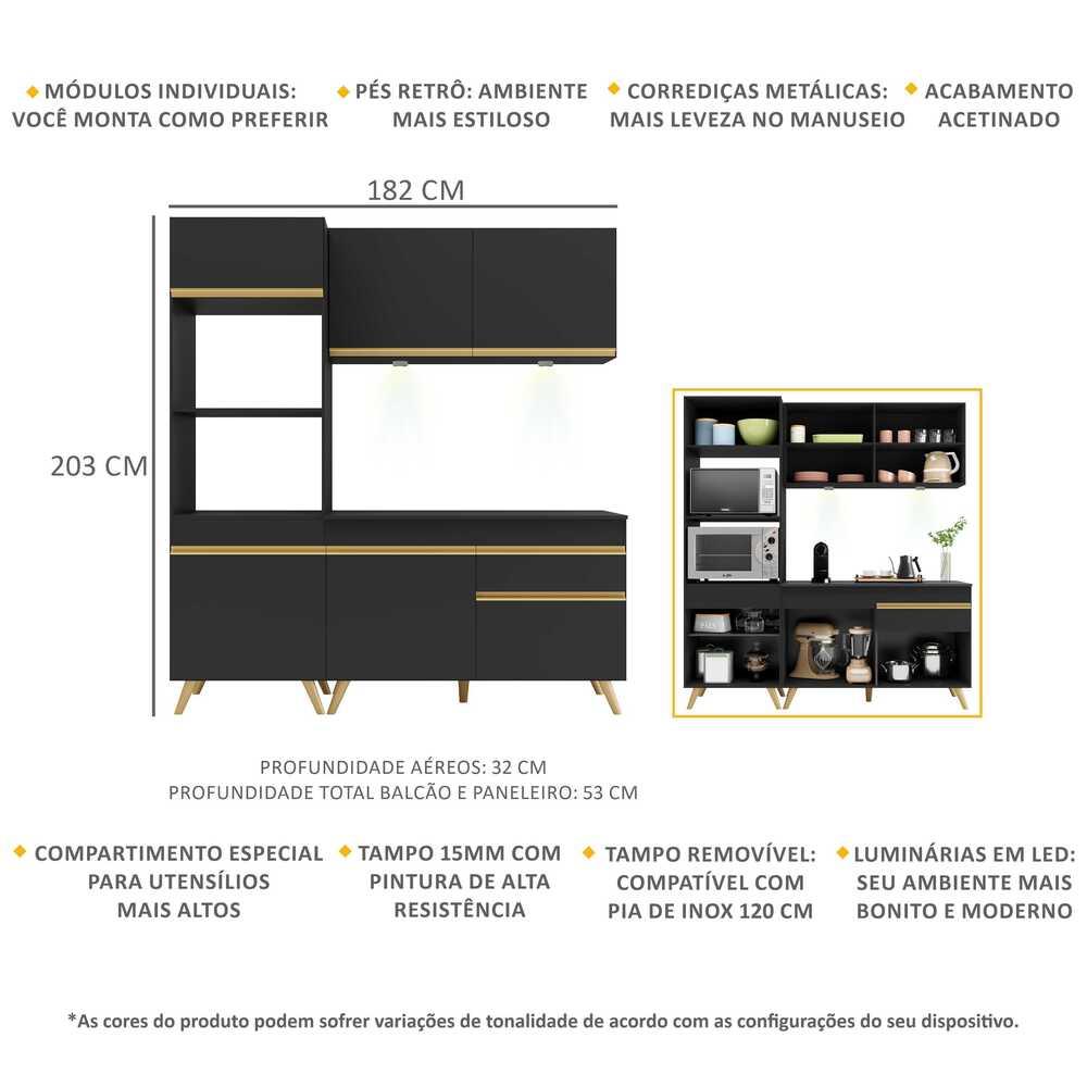 Cozinha Compacta 3 peças com Leds MP2019 Veneza Up Multimóveis Preta