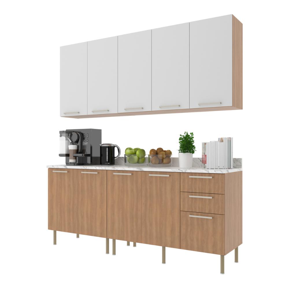 Cozinha Compacta 4 Peças com Armário e Balcão com Tampo Multimóveis CR20448 Freijó/Branco/Mármore Branco
