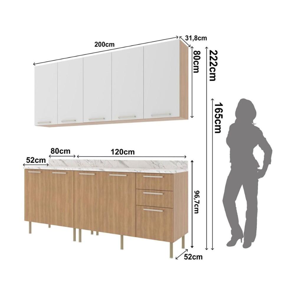 Cozinha Compacta 4 Peças com Armário e Balcão com Tampo Multimóveis CR20448 Freijó/Branco/Mármore Branco