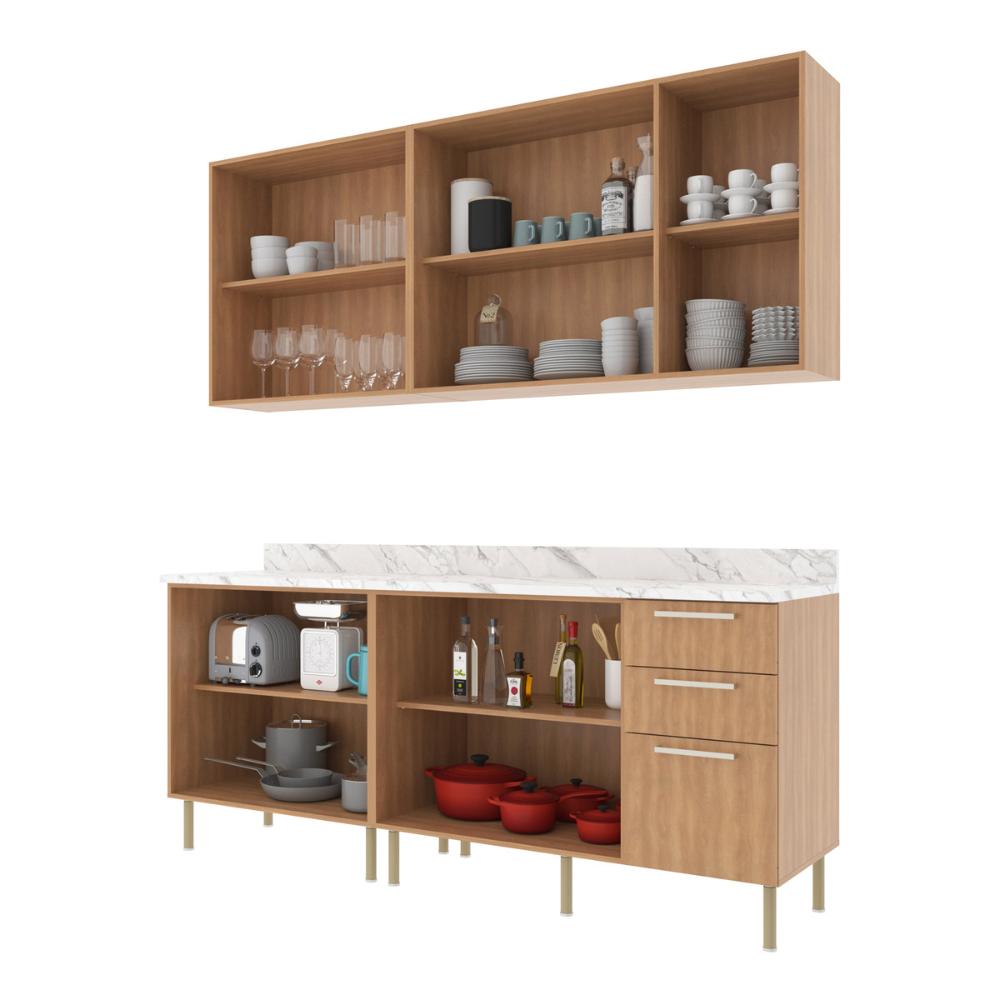 Cozinha Compacta 4 Peças com Armário e Balcão com Tampo Multimóveis CR20448 Freijó/Branco/Mármore Branco