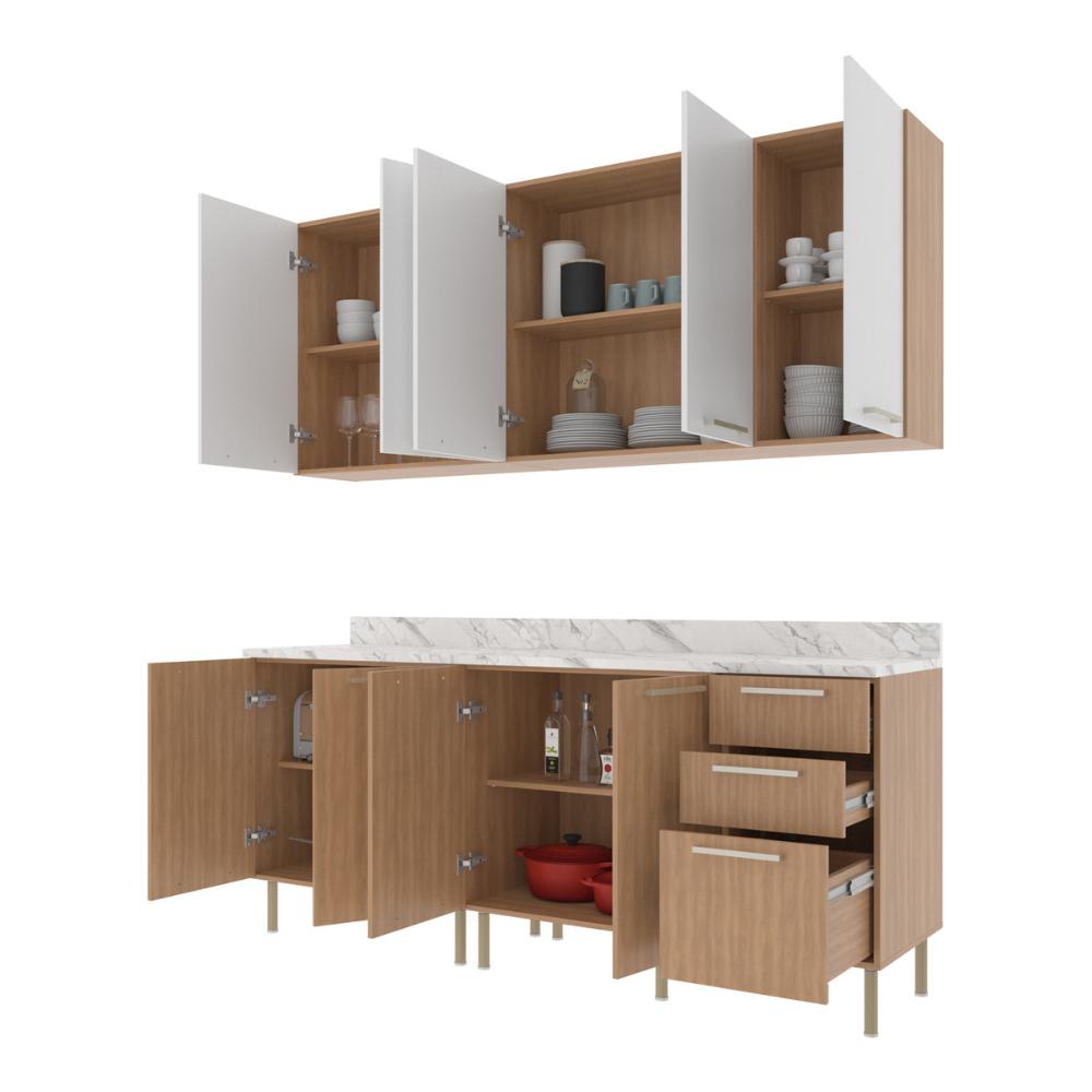 Cozinha Compacta 4 Peças com Armário e Balcão com Tampo Multimóveis CR20448 Freijó/Branco/Mármore Branco
