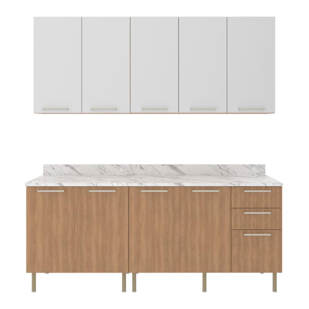 Cozinha Compacta 4 Peças com Armário e Balcão com Tampo Multimóveis CR20448 Freijó/Branco/Mármore Branco