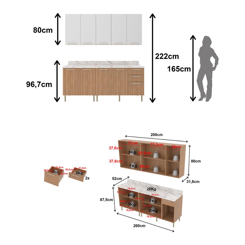 Cozinha Compacta 4 Peças com Armário e Balcão com Tampo Multimóveis CR20448 Freijó/Branco/Mármore Branco