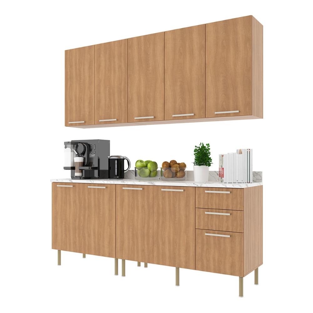 Cozinha Compacta 4 Peças com Armário e Balcão com Tampo Multimóveis CR20448 Freijó/Mármore Branco