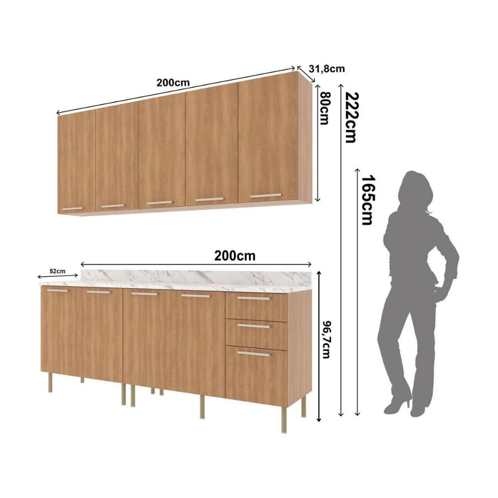 Cozinha Compacta 4 Peças com Armário e Balcão com Tampo Multimóveis CR20448 Freijó/Mármore Branco