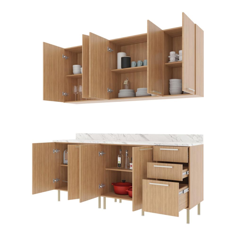 Cozinha Compacta 4 Peças com Armário e Balcão com Tampo Multimóveis CR20448 Freijó/Mármore Branco