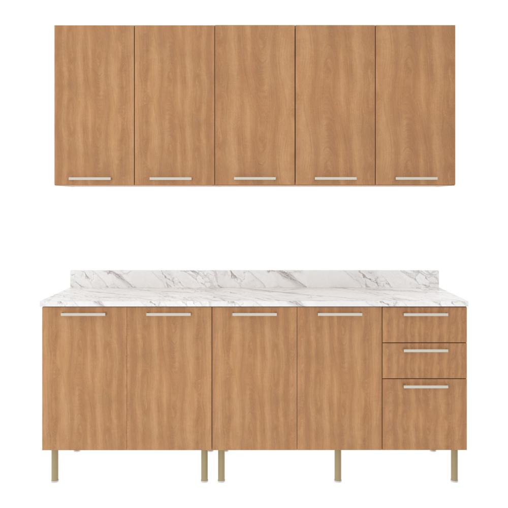 Cozinha Compacta 4 Peças com Armário e Balcão com Tampo Multimóveis CR20448 Freijó/Mármore Branco