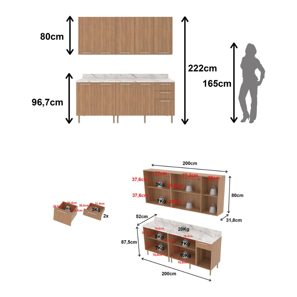 Cozinha Compacta 4 Peças com Armário e Balcão com Tampo Multimóveis CR20448 Freijó/Mármore Branco