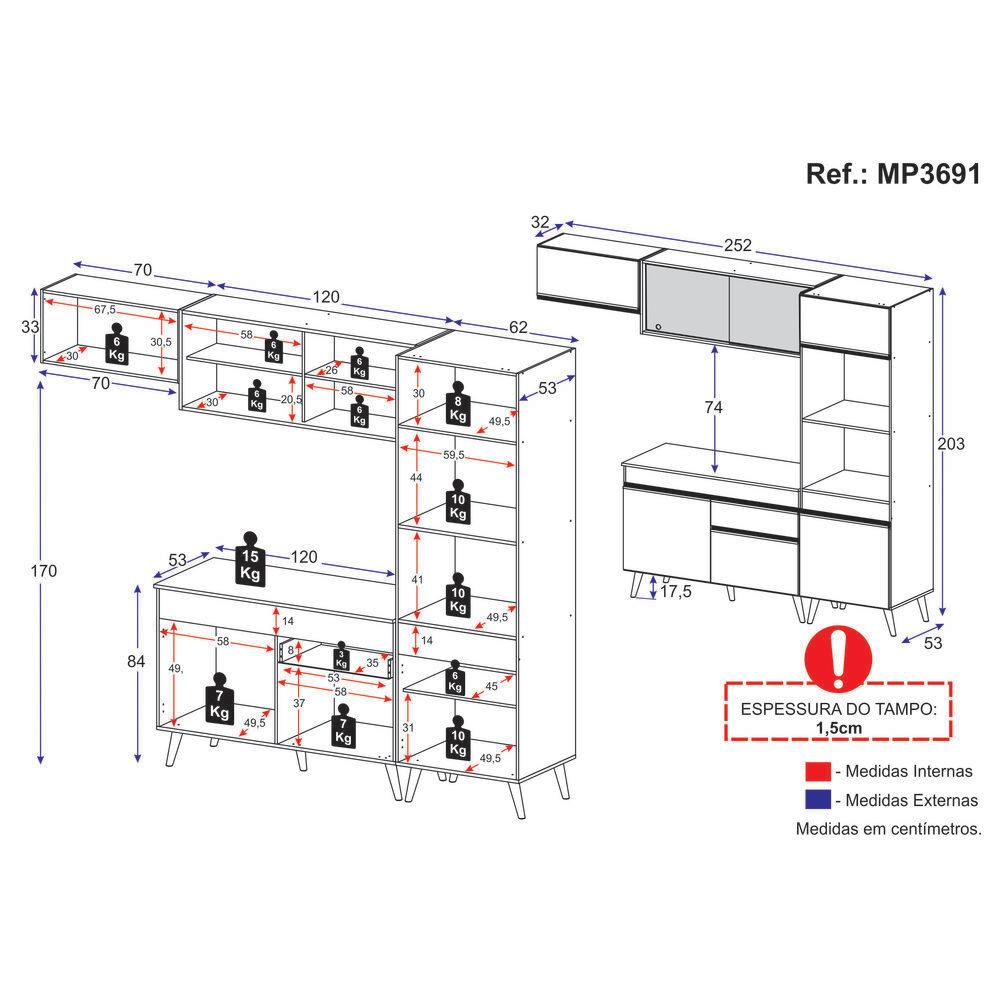 Cozinha Compacta 4 pç c/ Armário e Balcão MP3691 Veneza GB Preta