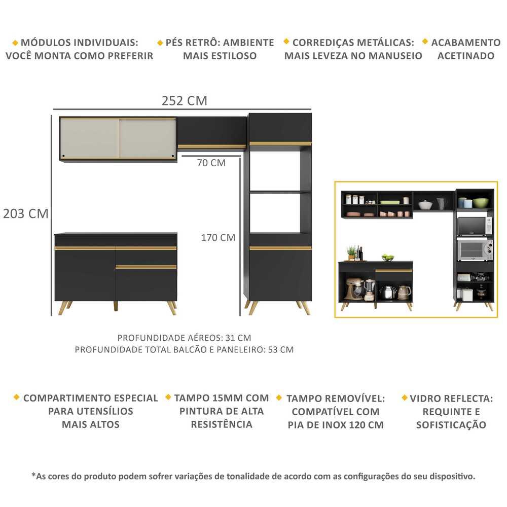 Cozinha Compacta 4 pç c/ Armário e Balcão MP3692 Veneza GB Preta