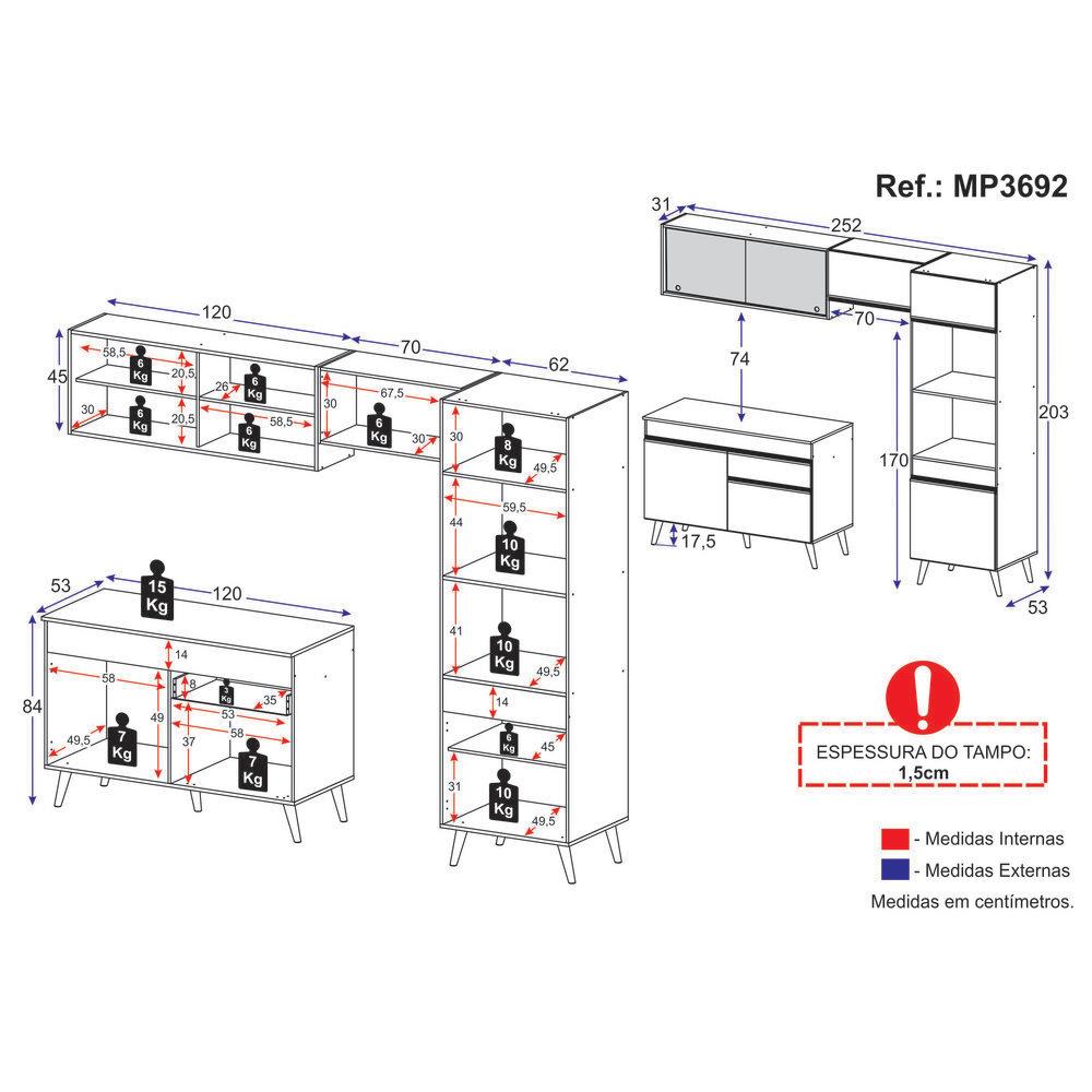 Cozinha Compacta 4 pç c/ Armário e Balcão MP3692 Veneza GW Multimóveis Branca
