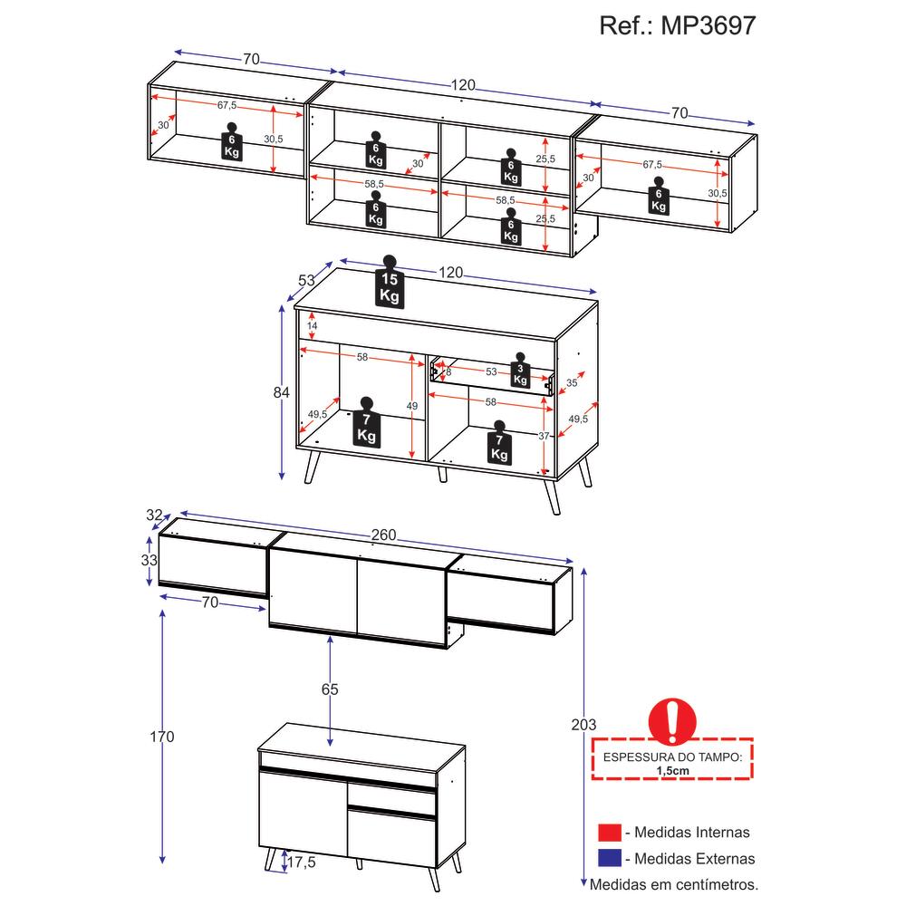 Cozinha Compacta 4 pç c/ Armário e Balcão MP3697 Veneza GW Multimóveis Branca