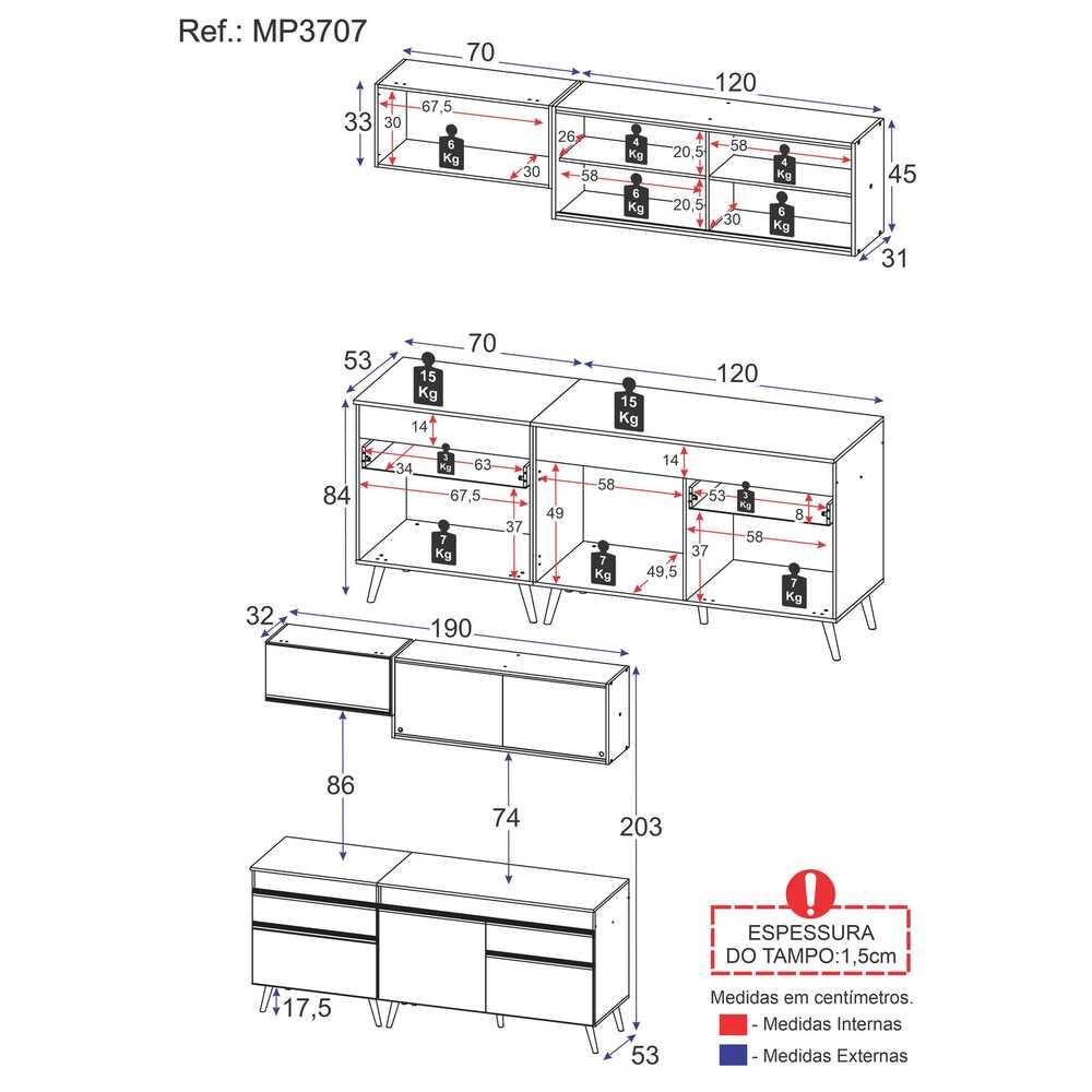 Cozinha Compacta 4 peças c/ Armário e Balcão MP3707 Veneza GW Multimóveis Branca