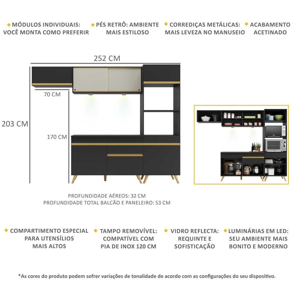 Cozinha Compacta 4 peças com Leds MP2016 Veneza Up Multimóveis Preta