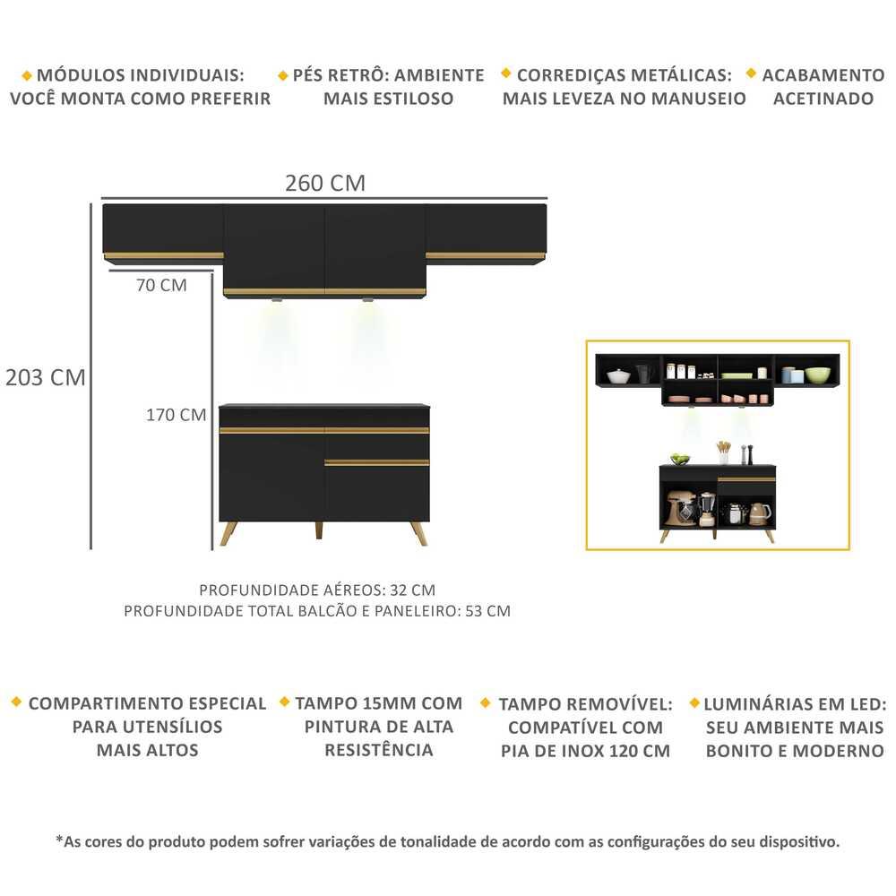 Cozinha Compacta 4 peças com Leds MP2022 Veneza Up Multimóveis Preta