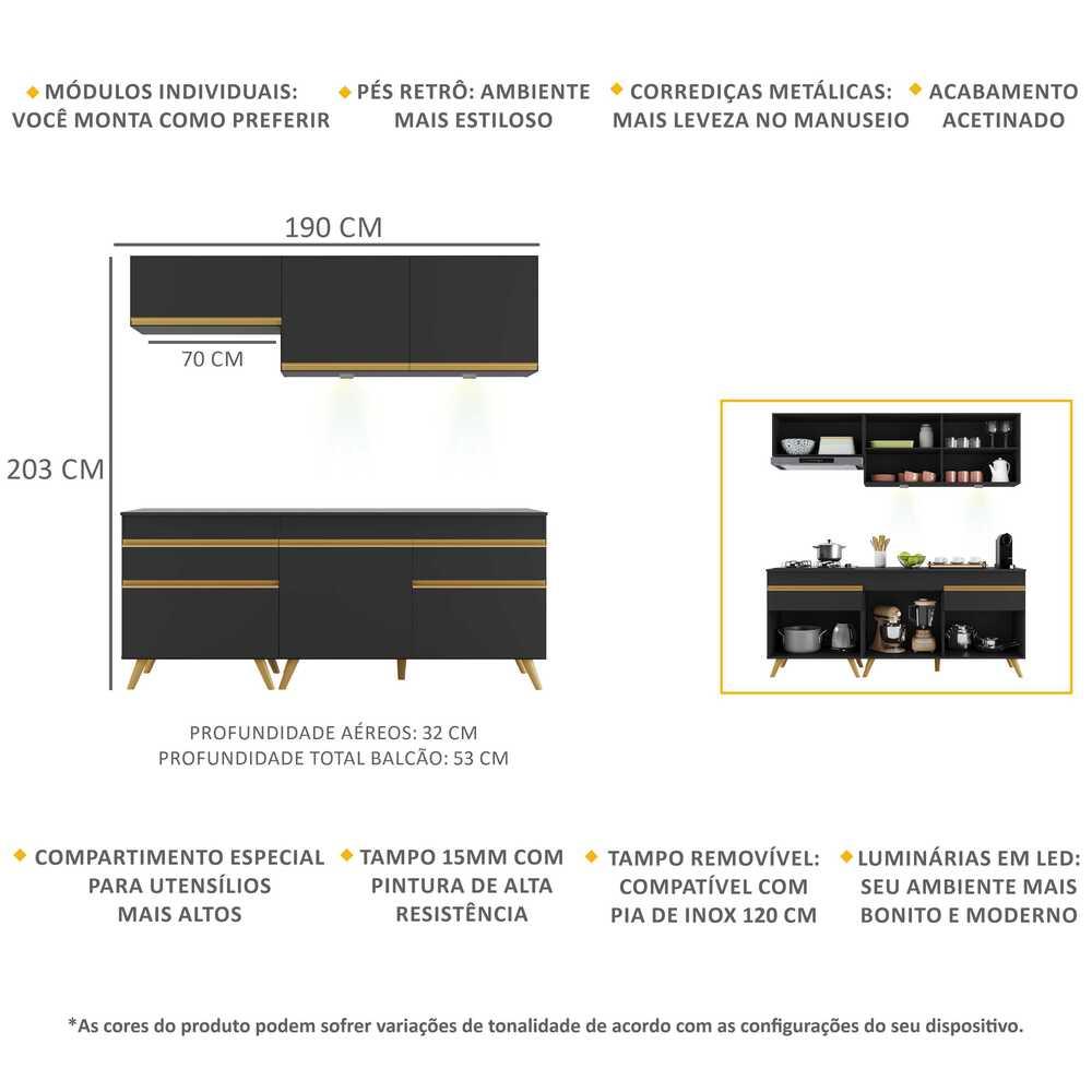 Cozinha Compacta 4 peças com Leds MP2030 Veneza Up Multimóveis Preta