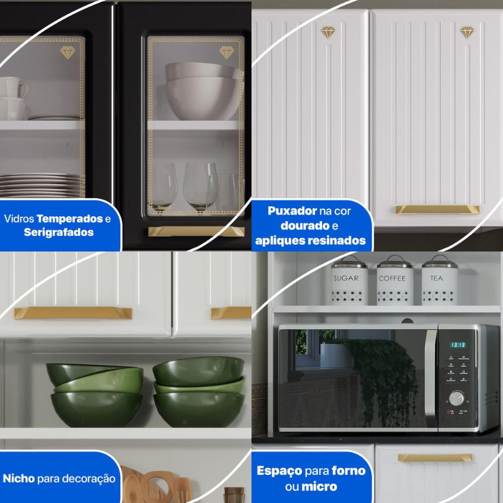 Cozinha Compacta Aço 3 Peças com Armário para Forno/Micro-ondas Multimóveis CR20367 Branco/Preto
