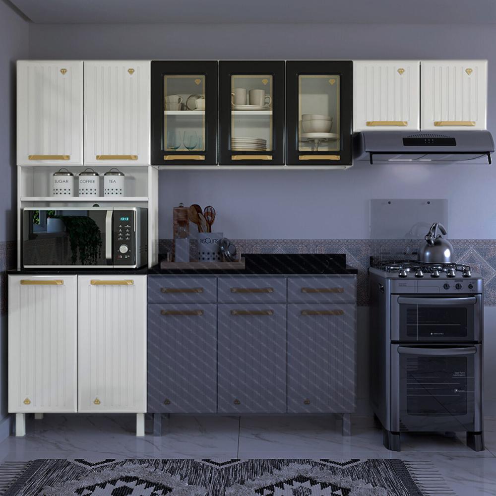 Cozinha Compacta Aço 3 Peças com Armário para Forno/Micro-ondas Multimóveis CR20367 Branco/Preto