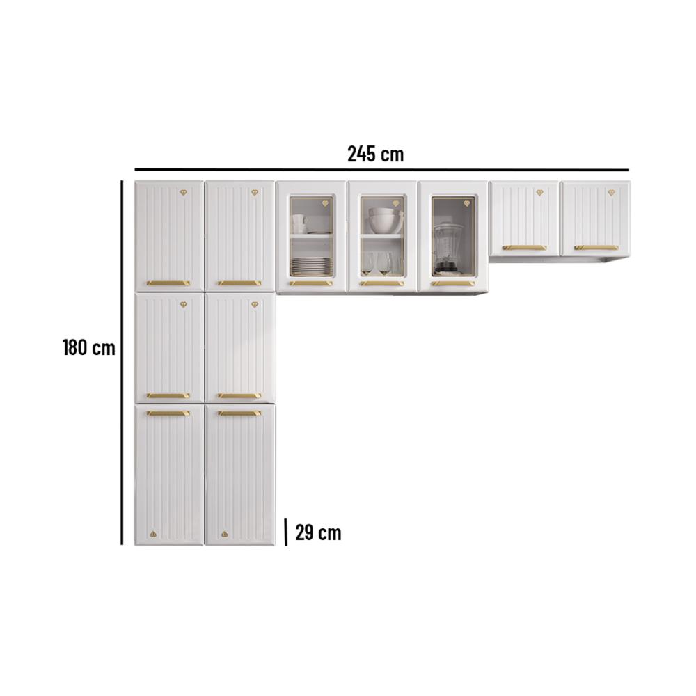 Cozinha Compacta Aço 3 Peças com Vidros Armários Aéreos e Paneleiro Multimóveis CR20368 Branco