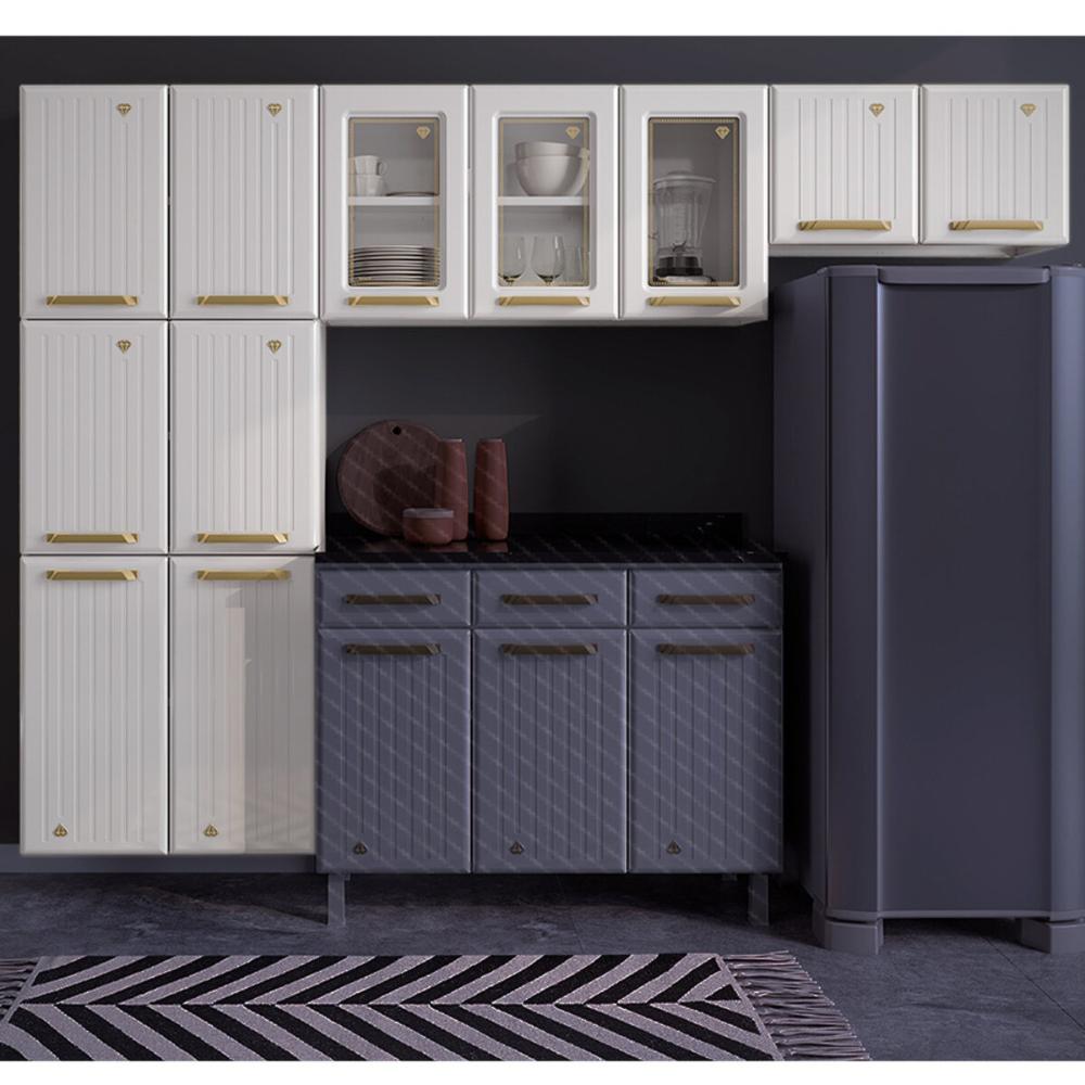 Cozinha Compacta Aço 3 Peças com Vidros Armários Aéreos e Paneleiro Multimóveis CR20368 Branco