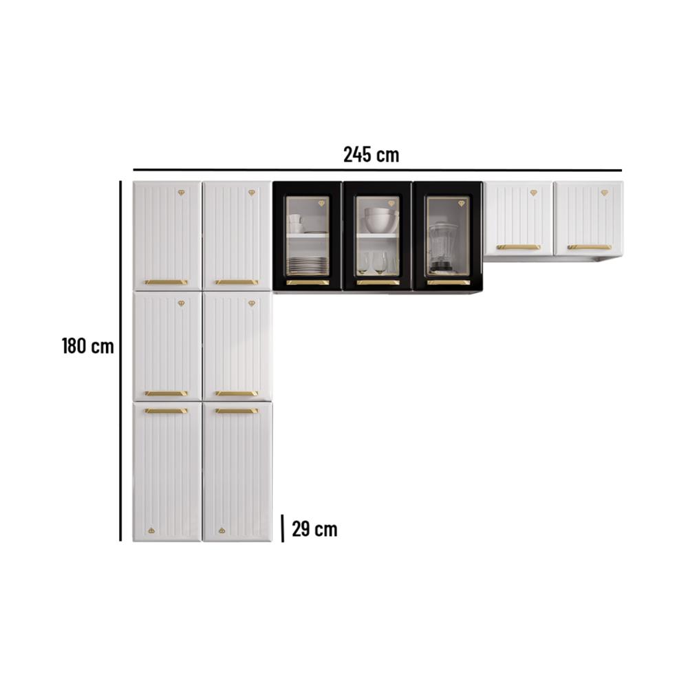 Cozinha Compacta Aço 3 Peças com Vidros Armários Aéreos e Paneleiro Multimóveis CR20368 Branco/Preto