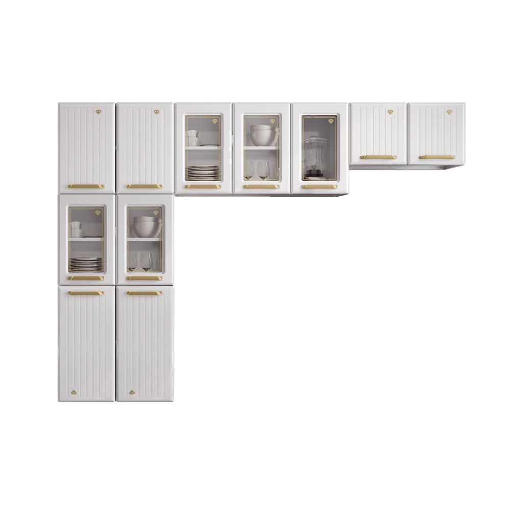 Cozinha Compacta Aço 3 Peças com Vidros Armários Aéreos e Paneleiro Multimóveis CR20369 Branco