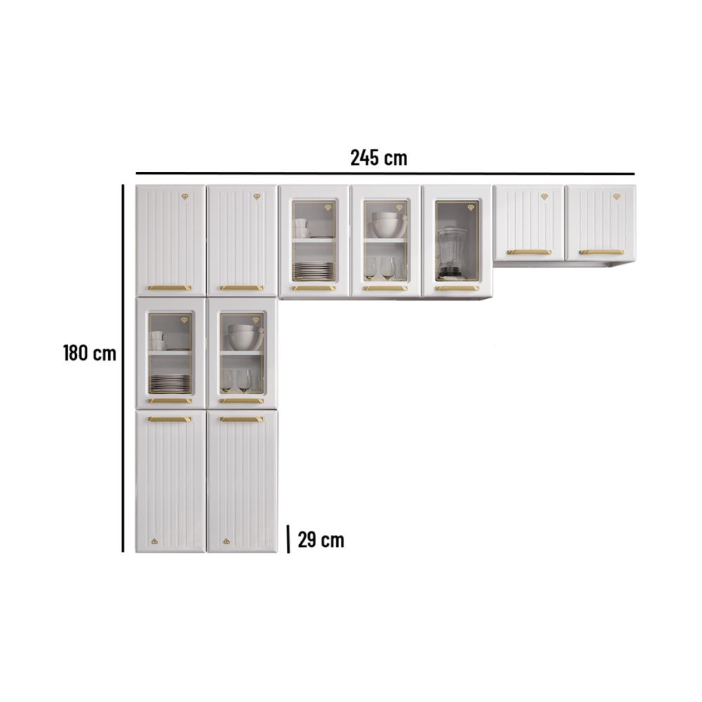 Cozinha Compacta Aço 3 Peças com Vidros Armários Aéreos e Paneleiro Multimóveis CR20369 Branco