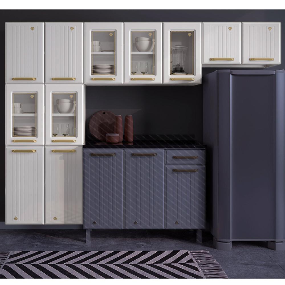 Cozinha Compacta Aço 3 Peças com Vidros Armários Aéreos e Paneleiro Multimóveis CR20369 Branco