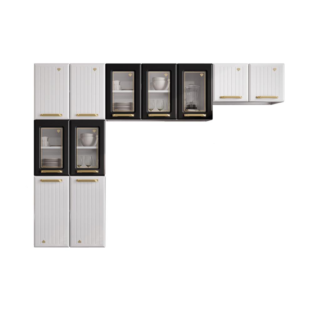 Cozinha Compacta Aço 3 Peças com Vidros Armários Aéreos e Paneleiro Multimóveis CR20369 Branco/Preto