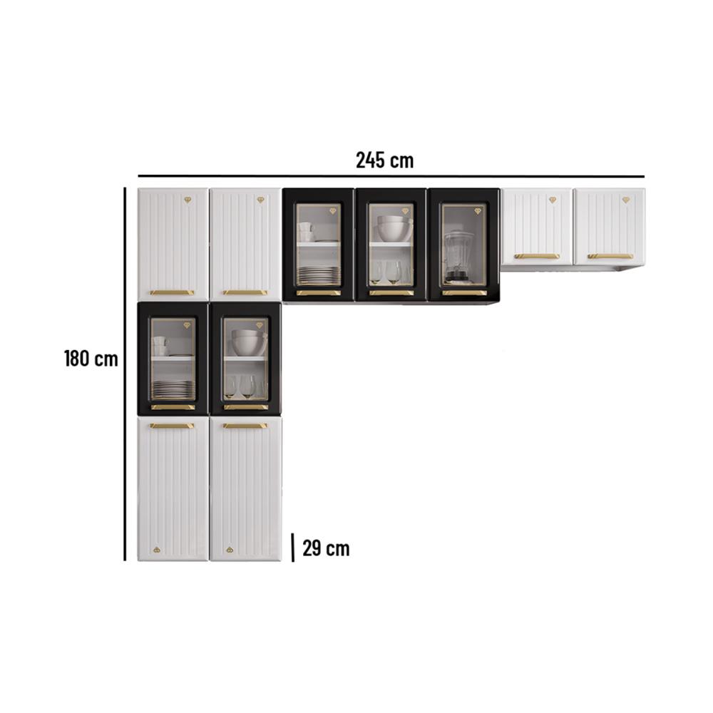 Cozinha Compacta Aço 3 Peças com Vidros Armários Aéreos e Paneleiro Multimóveis CR20369 Branco/Preto