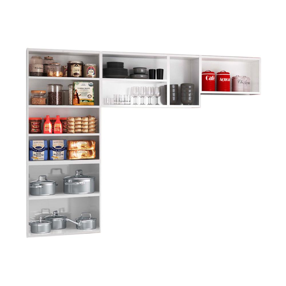 Cozinha Compacta Aço 3 Peças com Vidros Armários Aéreos e Paneleiro Multimóveis CR20369 Branco/Preto