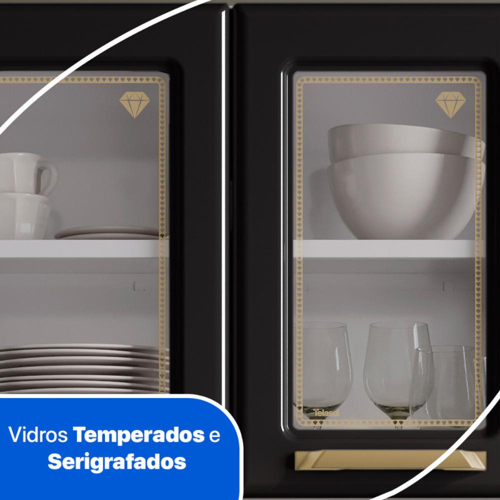 Cozinha Compacta Aço 3 Peças com Vidros Armários Aéreos e Paneleiro Multimóveis CR20369 Branco/Preto
