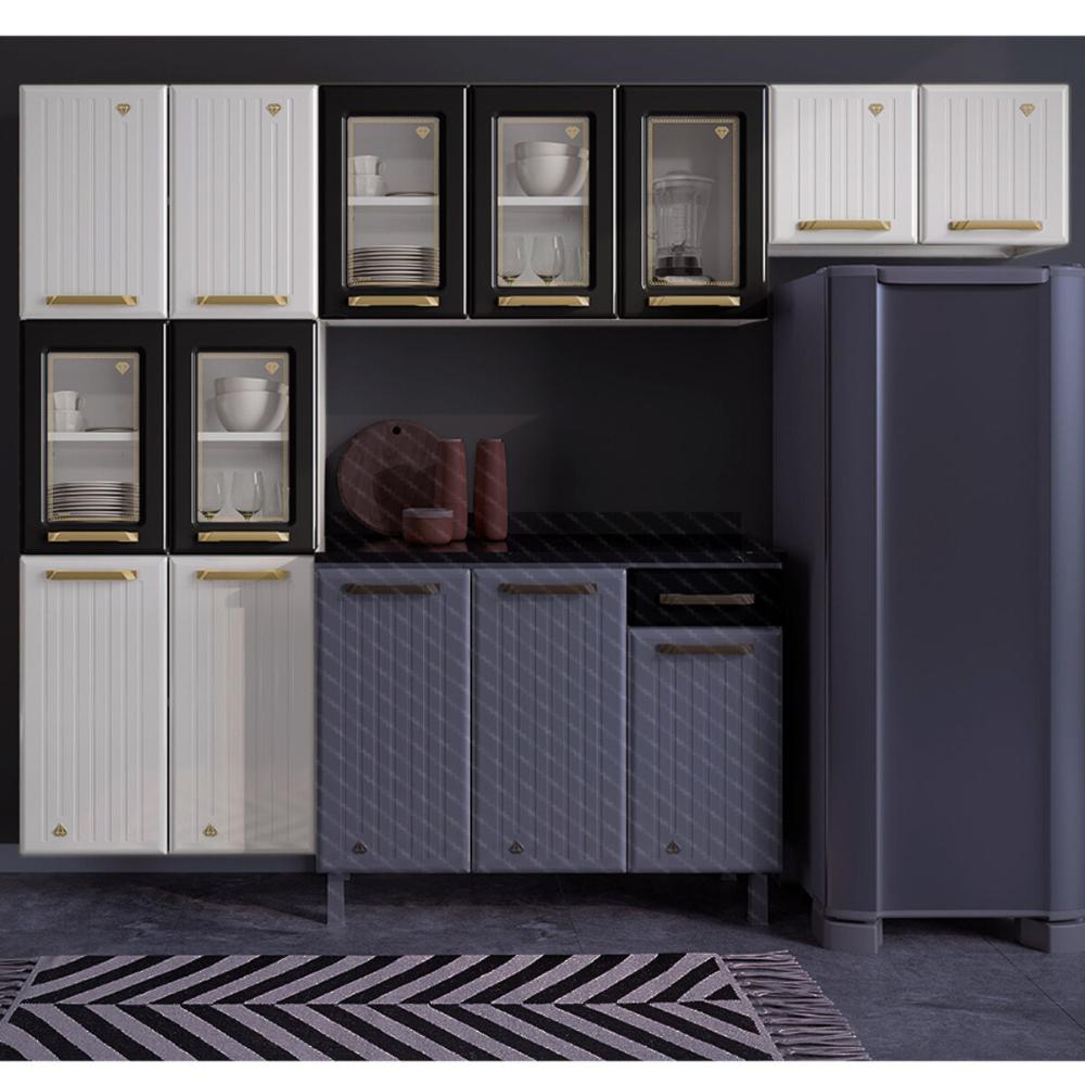 Cozinha Compacta Aço 3 Peças com Vidros Armários Aéreos e Paneleiro Multimóveis CR20369 Branco/Preto