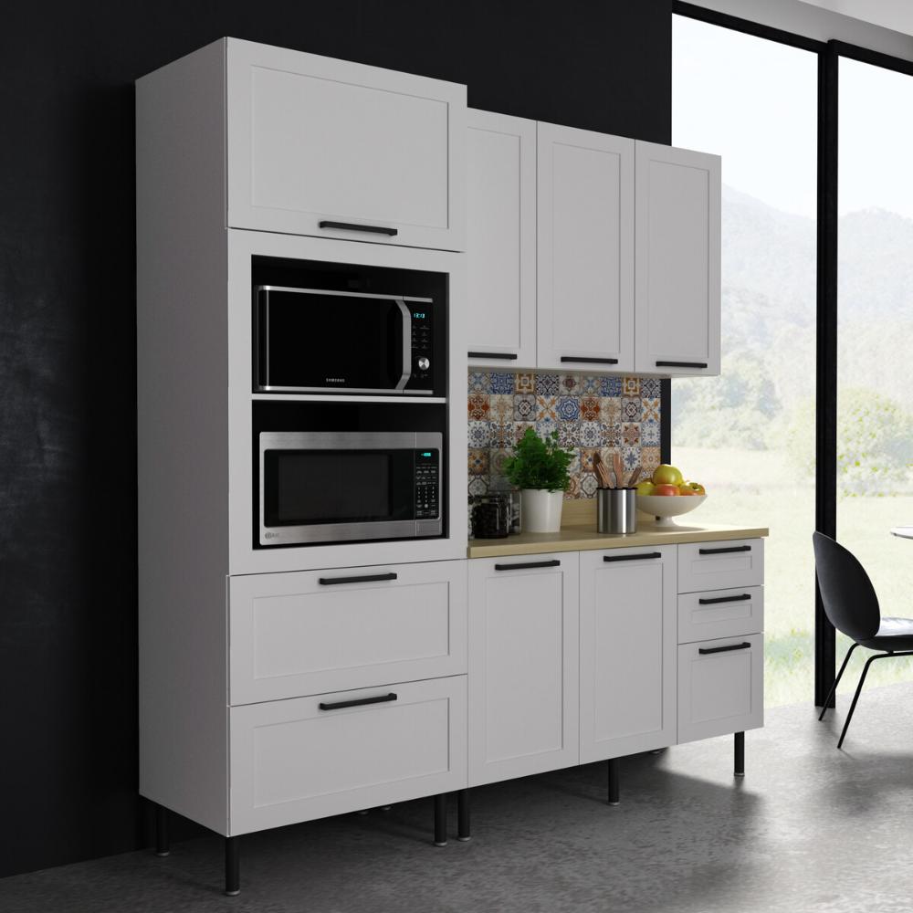 Cozinha Compacta MDF 3 Peças com Armário Paneleiro e Balcão com Tampo Multimóveis CR20454 Branco/Carvalho Tropical