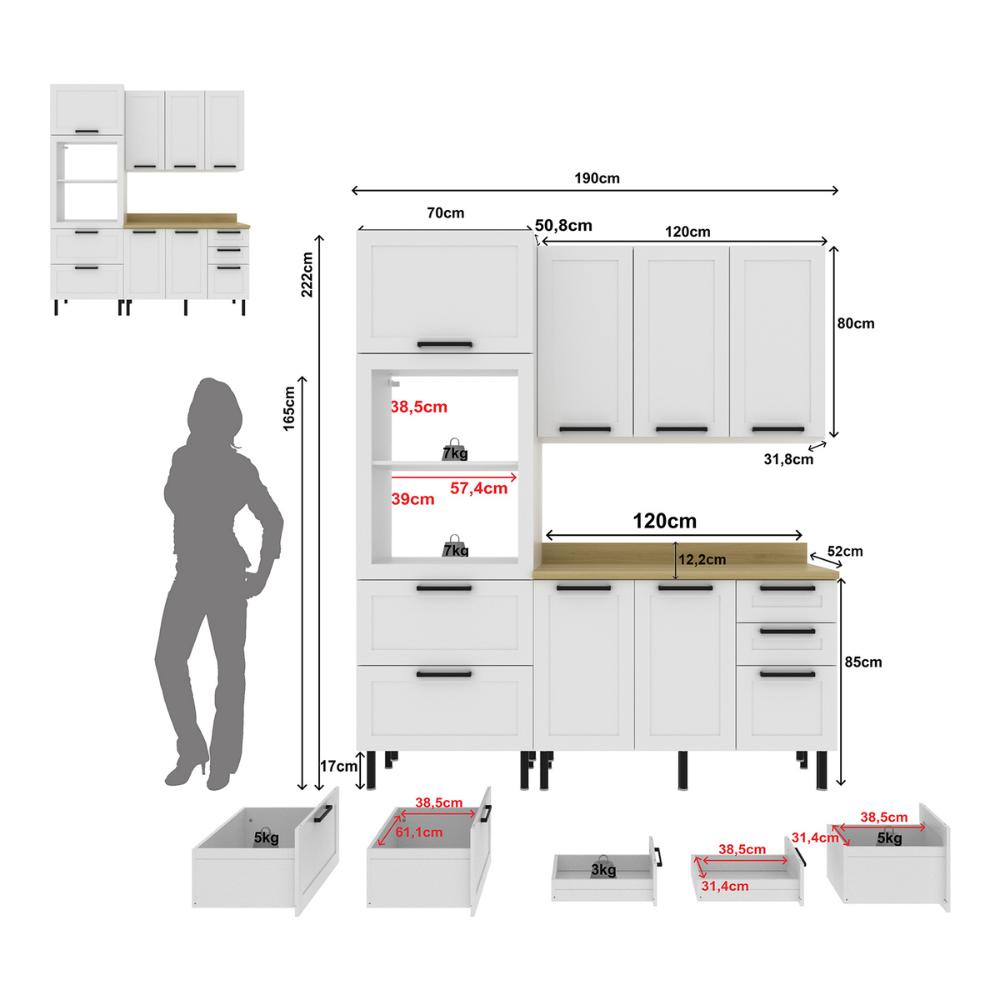 Cozinha Compacta MDF 3 Peças com Armário Paneleiro e Balcão com Tampo Multimóveis CR20454 Branco/Carvalho Tropical