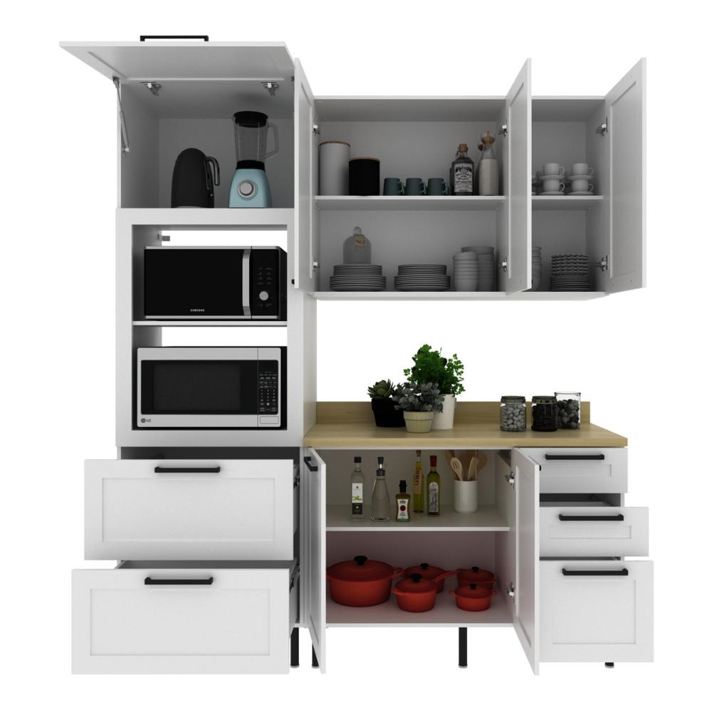 Cozinha Compacta MDF 3 Peças com Armário Paneleiro e Balcão com Tampo Multimóveis CR20454 Branco/Carvalho Tropical