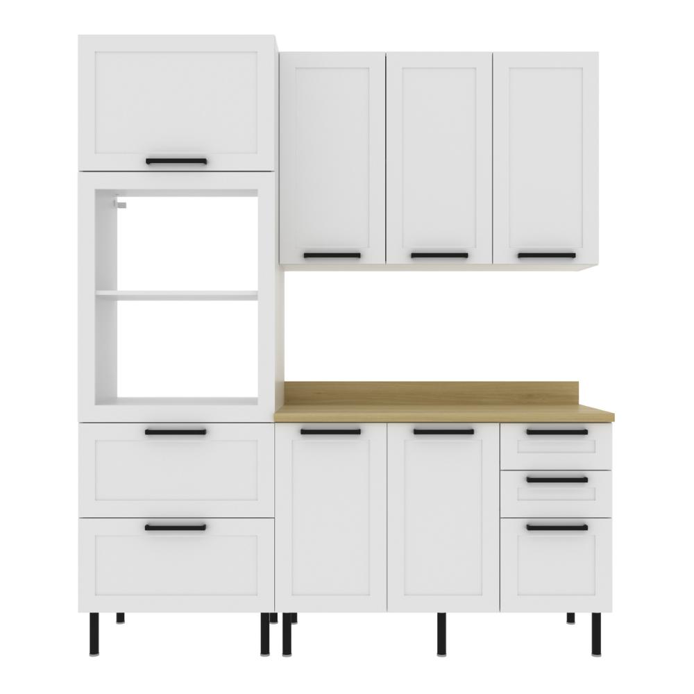 Cozinha Compacta MDF 3 Peças com Armário Paneleiro e Balcão com Tampo Multimóveis CR20454 Branco/Carvalho Tropical