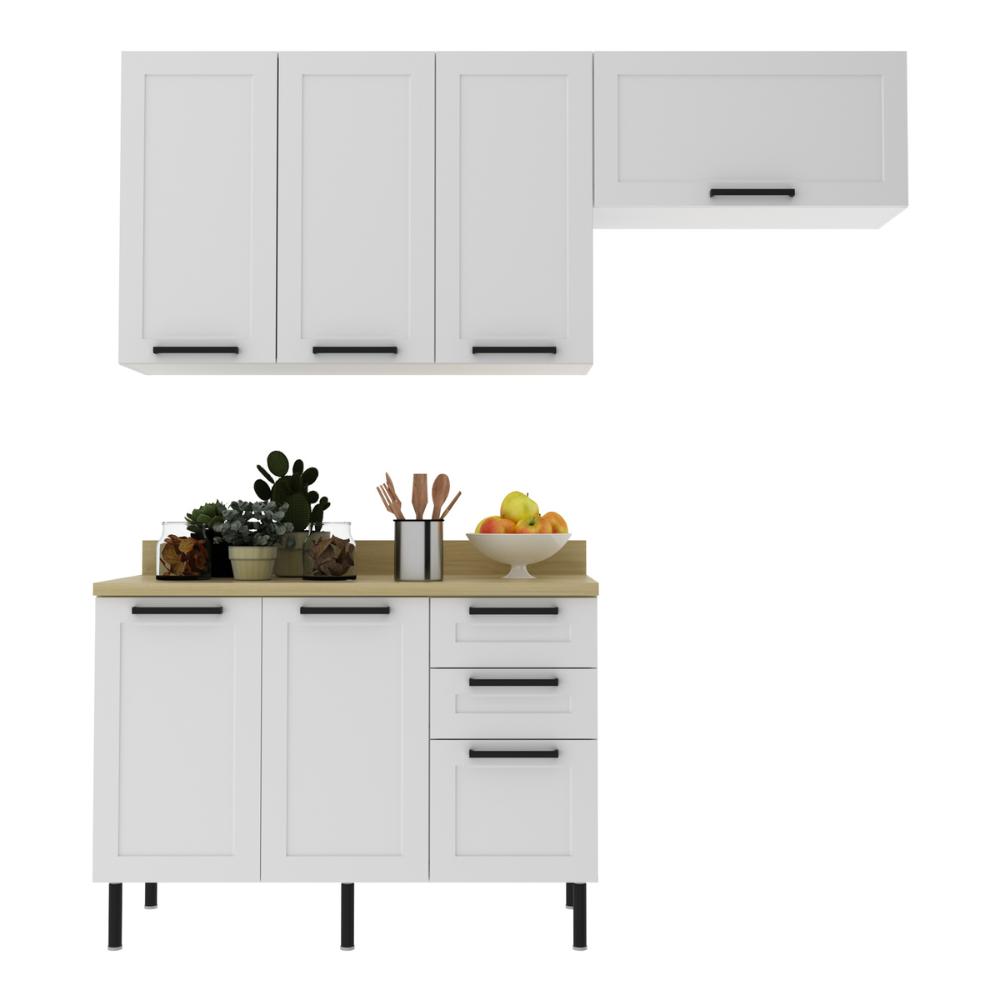 Cozinha Compacta MDF 3 Peças com Armários e Balcão com Tampo Multimóveis CR20456 Branco/Carvalho Tropical