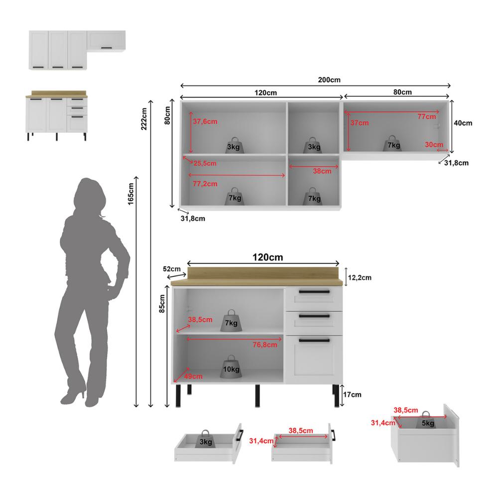 Cozinha Compacta MDF 3 Peças com Armários e Balcão com Tampo Multimóveis CR20456 Branco/Carvalho Tropical