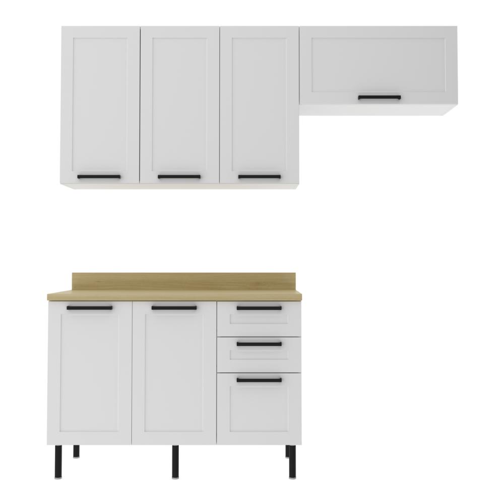 Cozinha Compacta MDF 3 Peças com Armários e Balcão com Tampo Multimóveis CR20456 Branco/Carvalho Tropical