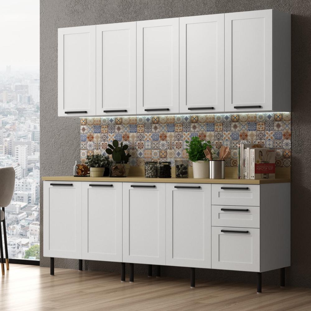 Cozinha Compacta MDF 4 Peças com Armário e Balcão com Tampo Multimóveis CR20453 Branco/Carvalho Tropical