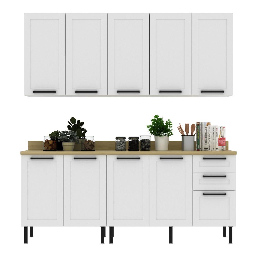 Cozinha Compacta MDF 4 Peças com Armário e Balcão com Tampo Multimóveis CR20453 Branco/Carvalho Tropical
