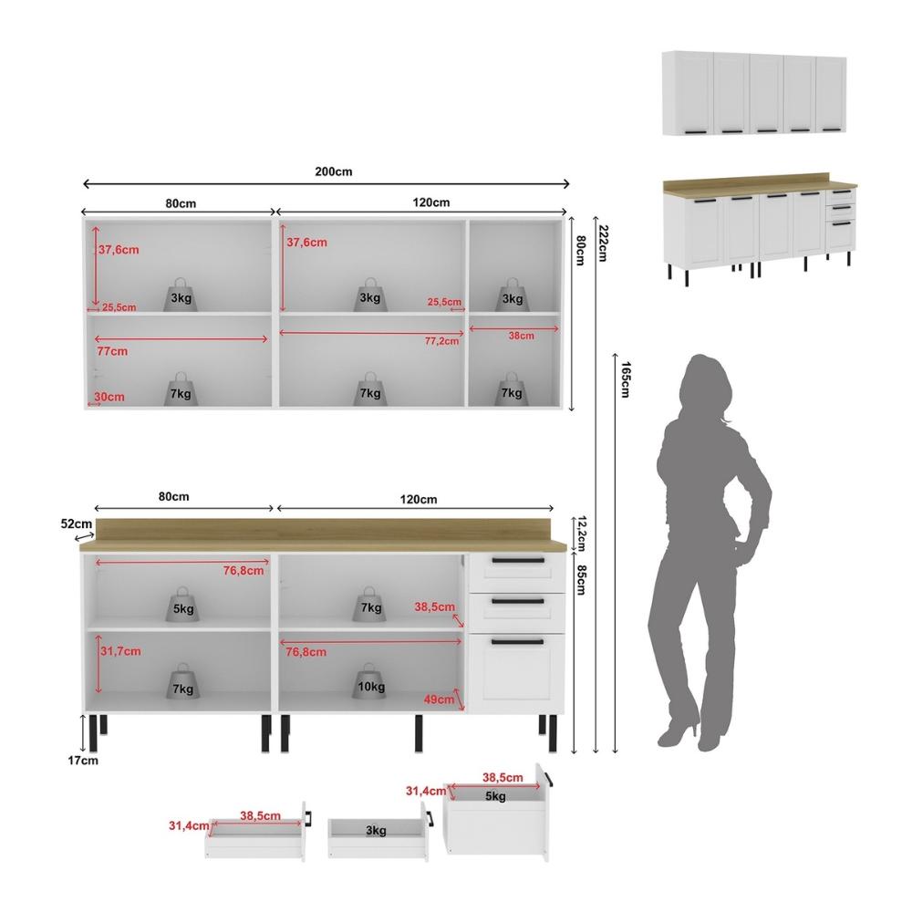 Cozinha Compacta MDF 4 Peças com Armário e Balcão com Tampo Multimóveis CR20453 Branco/Carvalho Tropical