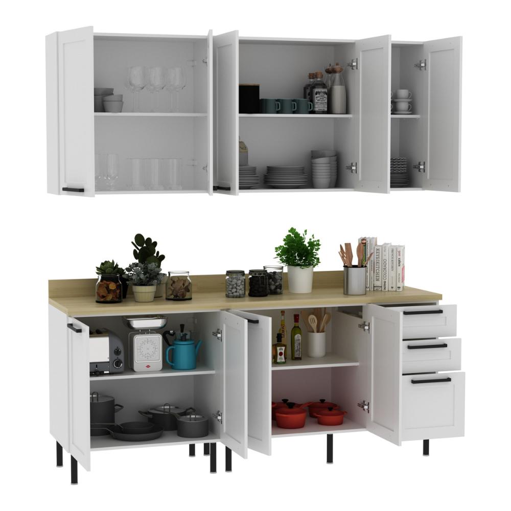 Cozinha Compacta MDF 4 Peças com Armário e Balcão com Tampo Multimóveis CR20453 Branco/Carvalho Tropical