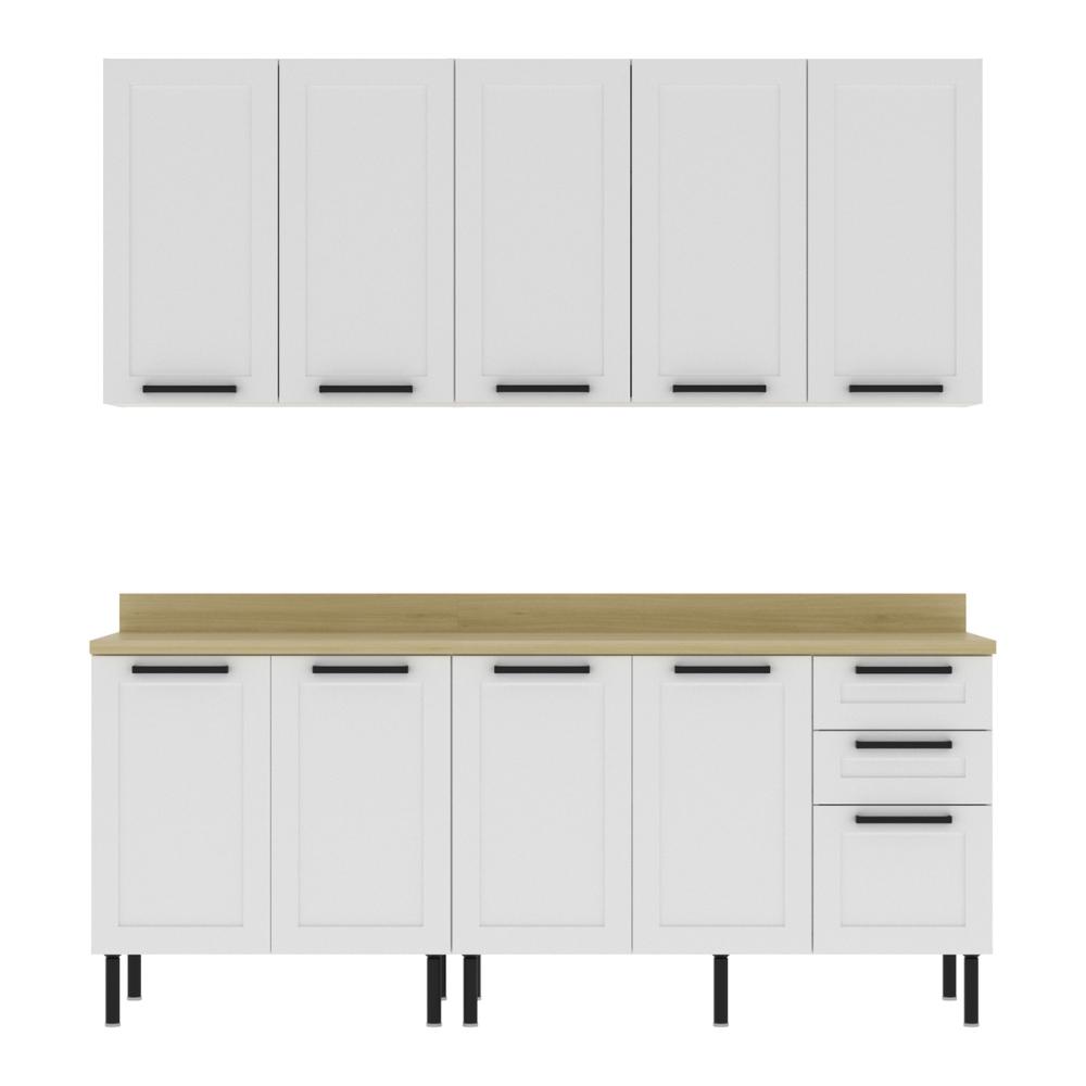 Cozinha Compacta MDF 4 Peças com Armário e Balcão com Tampo Multimóveis CR20453 Branco/Carvalho Tropical