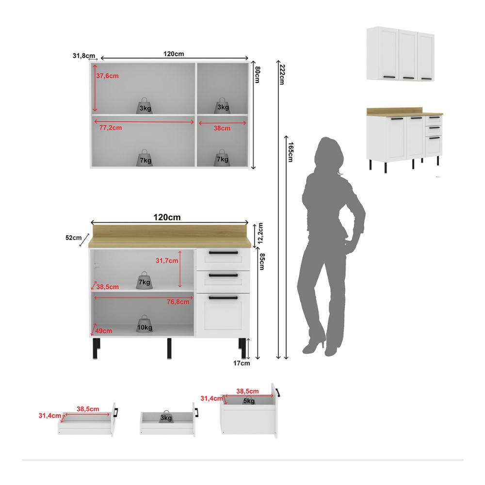 Cozinha Compacta MDF com Armário e Balcão com Tampo 120cm Multimóveis CR20452 Branco/Carvalho Tropical