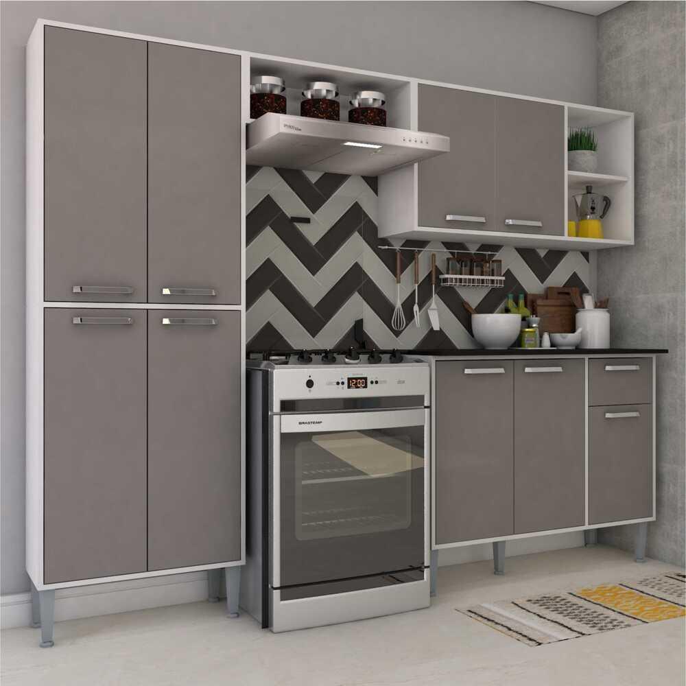 Cozinha Compacta Multimóveis Coimbra FGL2840 com Armário e Balcão Branca/Lacca Fumê