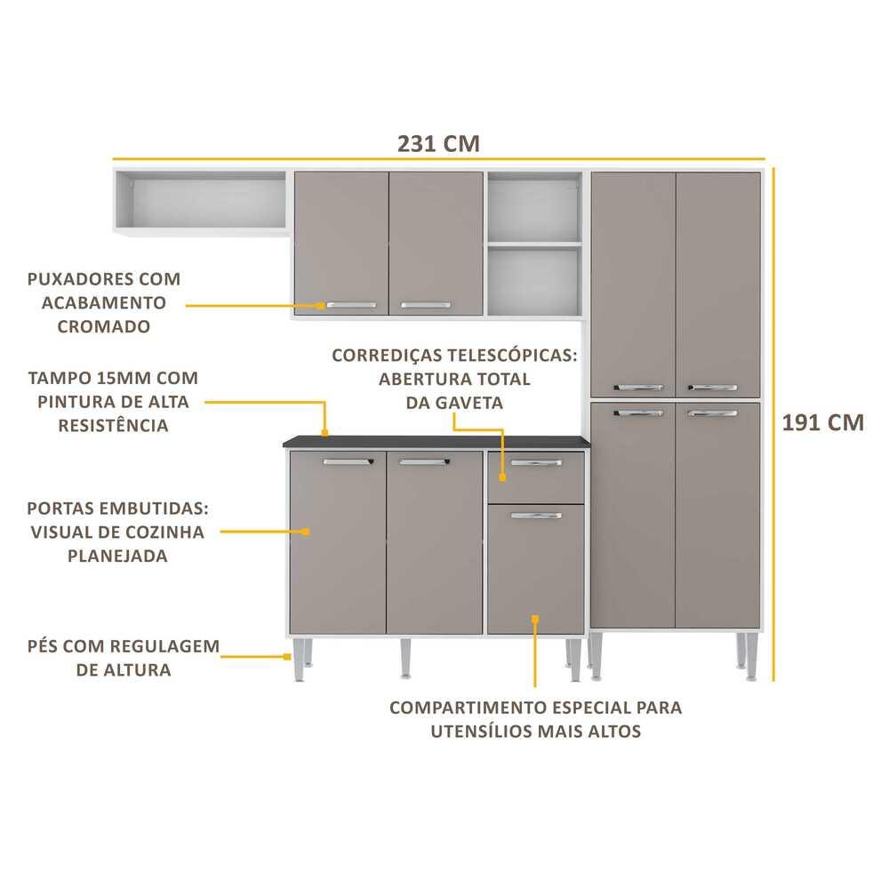 Cozinha Compacta Multimóveis Coimbra FGL2840 com Armário e Balcão Branca/Lacca Fumê