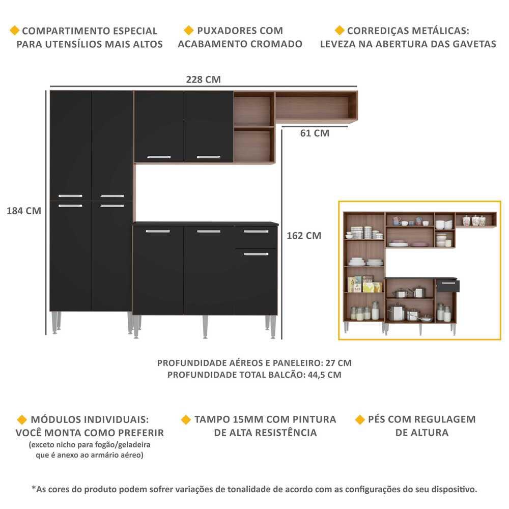 Cozinha Compacta Multimóveis Pequim FG2933 com Armário e Balcão Carvalho Avelã/Preta